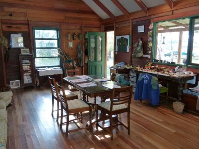 Inside timber slab hut