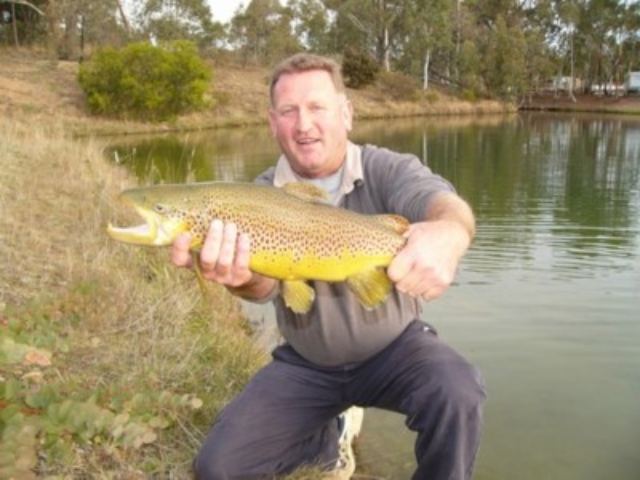 A fly fisherwith a monster brown trout