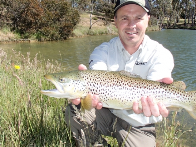 A man about to release a big brown trout