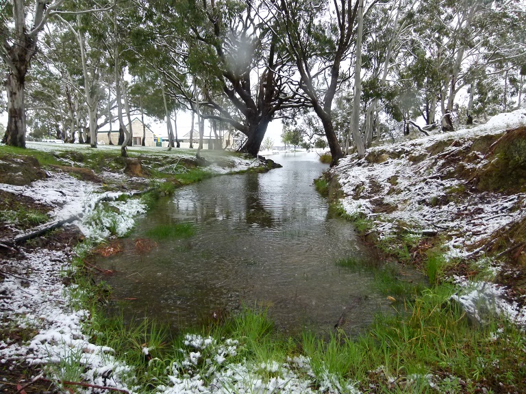 Top of the creek in winter with snow falling