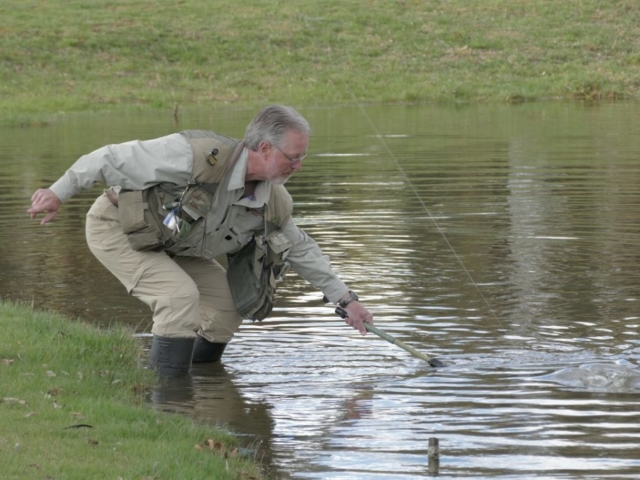 Peter netting a fish in shallow water